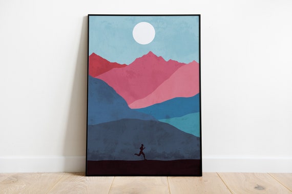 Running Poster, Runner Wall Art, Mountain Running Print, Runner Gift, Colourful Running Art, Modern Sports Wall Decor