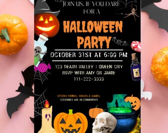 Halloween-uitnodiging voor kinderen |  Halloween-uitnodiging digitaal |  Halloween-huwelijksuitnodiging |   Uitnodiging cocktailparty halloweenfeest