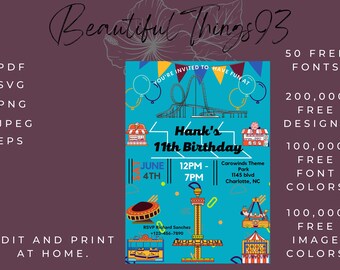 Theme park invitation | Amusement park | birthday invitation | Fairgrounds invite | Digital Birthday template| Instant download party invite