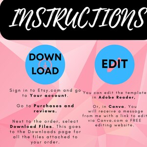 Op de afbeelding: Een roze en blauwe grafiek met instructies voor het kopen, downloaden, bewerken en afdrukken van een digitaal printbaar bestand. De grafiek bevat de woorden "KOPEN", "DOWNLOADEN", "BEWERKEN" en "Afdrukken" in blauwe cirkels met witte tekst. De grafiek bevat ook instructies voor elke stap.