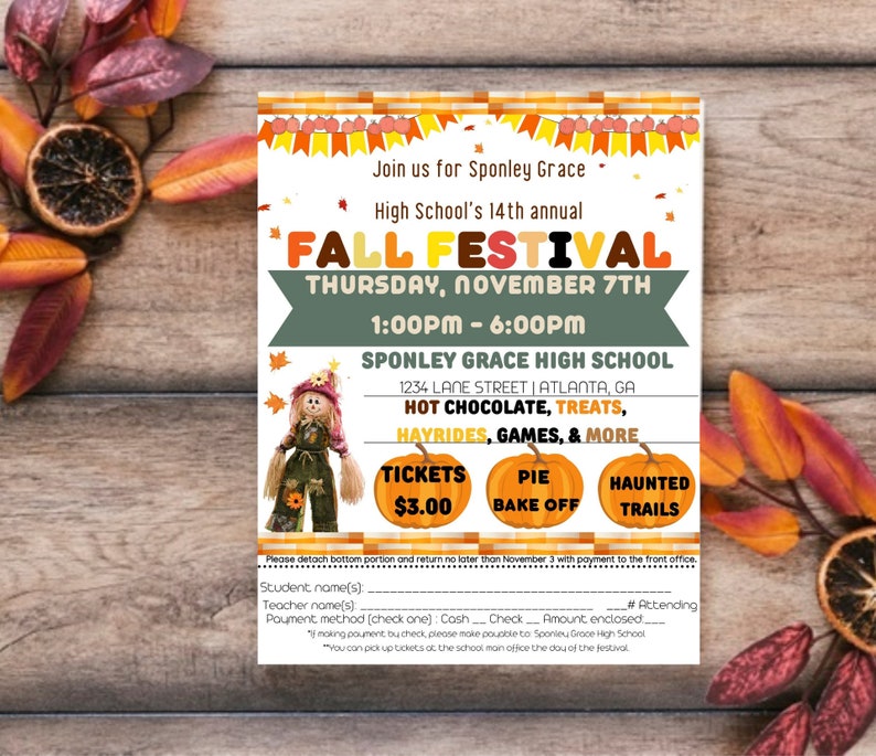 May include: A flyer for Sponley Grace High School's 14th annual Fall Festival. The flyer features a scarecrow, pumpkins, and text that reads "Fall Festival" and "Thursday, November 7th, 1:00PM - 6:00PM".