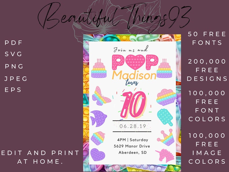 Op de afbeelding: Een printbare verjaardagsuitnodiging met een pop-it thema. De uitnodiging is roze, paars en blauw met een regenboog pop-it taart, een vlinder, een vis, een eenhoorn en een kroon. De tekst op de uitnodiging luidt "Join us and POP Madison turns 10 06.28.19 4PM | Saturday 5629 Manor Drive Aberdeen, SD".