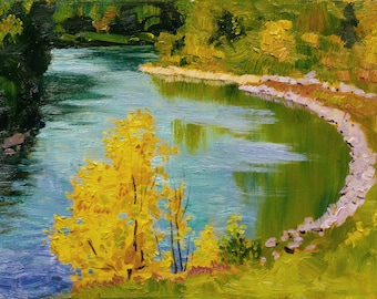 Bend in the River- Original River Landscape Oil Painting, Autumn Impressionist Art (12x16)