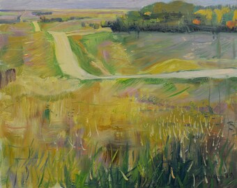 Aan de Horizon- UNFRAMED 16 "x20" origineel olieverfschilderij van een prairielandschap, origineel plein air landschap van velden, kunst geschenk