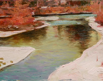 Río en marzo: esta pintura al óleo original es una escena cálida de un río en primavera bajo la suave luz de la tarde. Hace un regalo perfecto