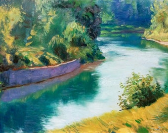 May include: A painting of a river winding through a lush green forest. The river is a vibrant turquoise blue, and the trees are a deep green. The painting is done in a loose, impressionistic style.