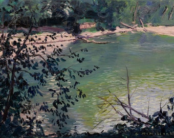 May include: Oil painting of a serene river scene. The water is a mix of greens and blues, reflecting the sky and surrounding trees. A sandy bank is visible on the left, with dark green foliage in the foreground. The artist's signature is in the bottom right corner.