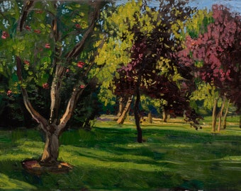 May include: A painting of a summer landscape with trees in a park. The trees are green, yellow, and purple. The grass is green and there is a blue sky in the background.