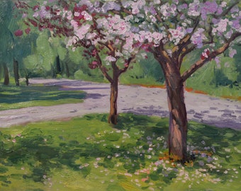 Spring Blossoms- (unframed) 12”x16” original plein air landscape painting in oil of a flowering tree done in an impressionist style,