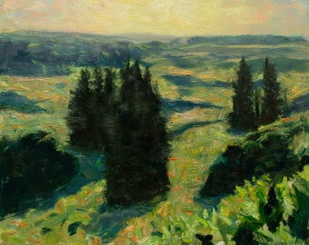 May include: A painting of a landscape with a group of dark green trees in the foreground and a rolling green hill in the background. The sky is a light blue with a hint of pink and yellow.