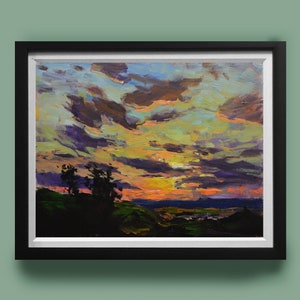 Dark Sunset-This vivid original acrylic painting of an evening sky is done in an impressionist style, unframed 11x14 image 2