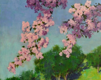 Könnte beinhalten: Ein Gemälde eines blühenden Baumes mit rosa Blüten vor blauem Himmel. Der Baum befindet sich im Vordergrund und der Himmel im Hintergrund. Im Vordergrund sind grüne Bäume und Gras zu sehen.