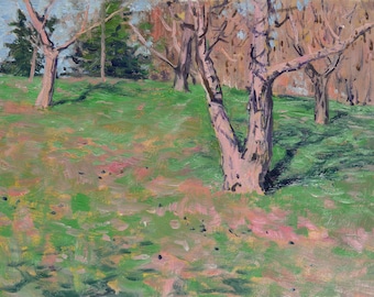 Könnte beinhalten: Ein impressionistisches Gemälde eines grasbewachsenen Feldes mit mehreren Bäumen. Die Bäume haben hellfarbige Stämme und Äste, und das Gras ist eine Mischung aus grünen und rosa Farbtönen. Der Himmel ist hellblau.