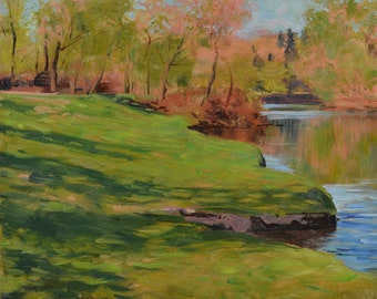 May include: A painting of a river scene with a grassy bank and trees in the background. The water is a light blue and the grass is a vibrant green.