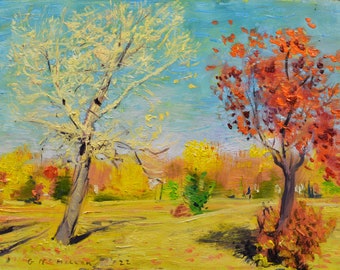 In the Sun - (unframed) 12”x16” original plein air landscape painting in oil of sunny autumn trees done in an impressionist style,