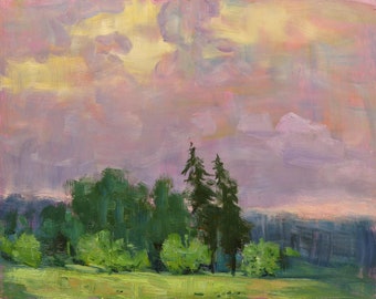 Two Spruce Trees- (UNFRAMED) This is a 16"x20" original oil painting of a moody sky over a summer landscape of deep greens and blues.