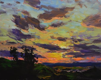 Dark Sunset-This vivid original acrylic painting of an evening sky is done in an impressionist style, (unframed) 11"x14"