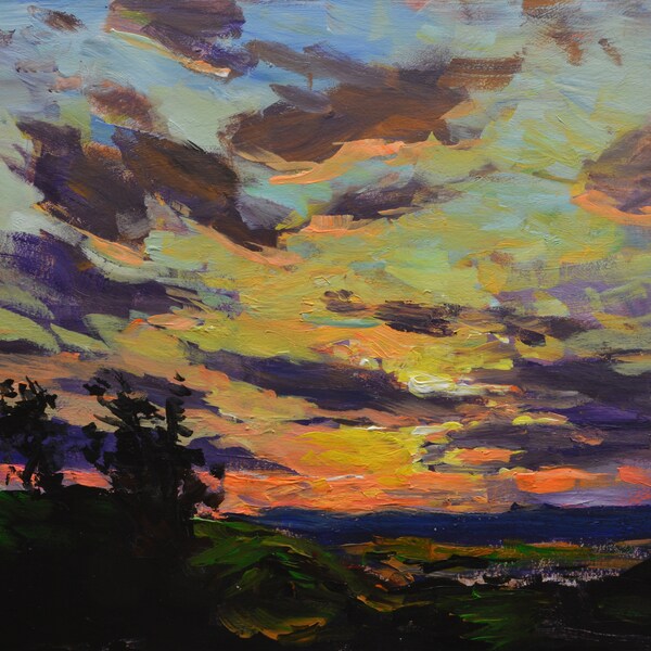 Dark Sunset-This vivid original acrylic painting of an evening sky is done in an impressionist style, (unframed) 11"x14"