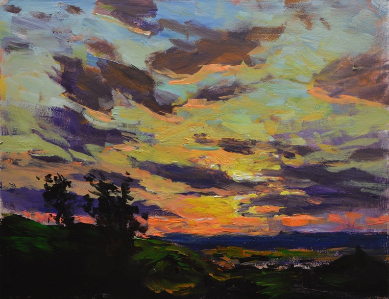 Dark Sunset-This vivid original acrylic painting of an evening sky is done in an impressionist style, unframed 11x14 image 1