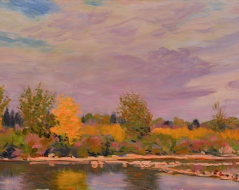 May include: A painting of a landscape with a river in the foreground and trees in the background. The sky is a soft purple with wispy clouds. The trees are a mix of green and yellow, with some of the leaves turning orange and red.