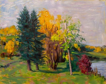 Beside the Stream, UNFRAMED  Impressionist landscape, Original plein air oil painting on panel,  autumn landscape, perfect present,16"x20"