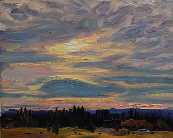 Pewter and Gold-(unframed) 8"x10"original plein air landscape painting in oil of a cloudy late evening sky done in an impressionist style