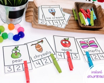 Syllable Activity, Hungry Caterpillar Printables, Literacy Game, Preschool Printable Activity, Kindergarten Printable Activity