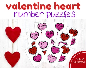 Op de afbeelding: Valentijnsdag-thema printbare nummerpuzzels met harten met nummers en bijbehorende woorden. De puzzels zijn ontworpen voor kinderen om nummerherkenning en tellen te leren.