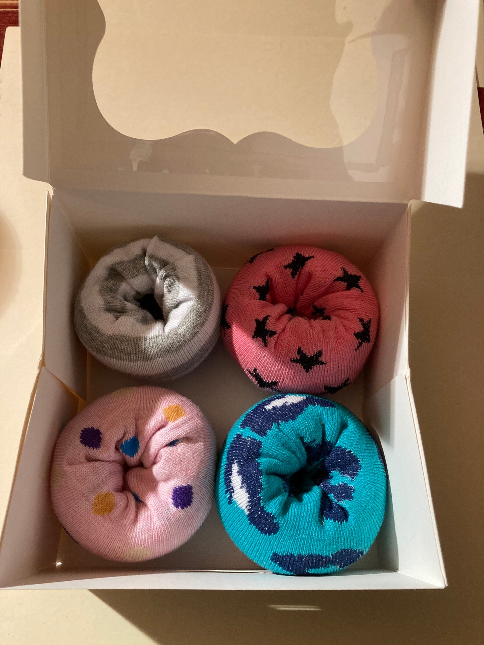 Socks made into donuts in a lovely gift box. 4 pairs of socks Etsy