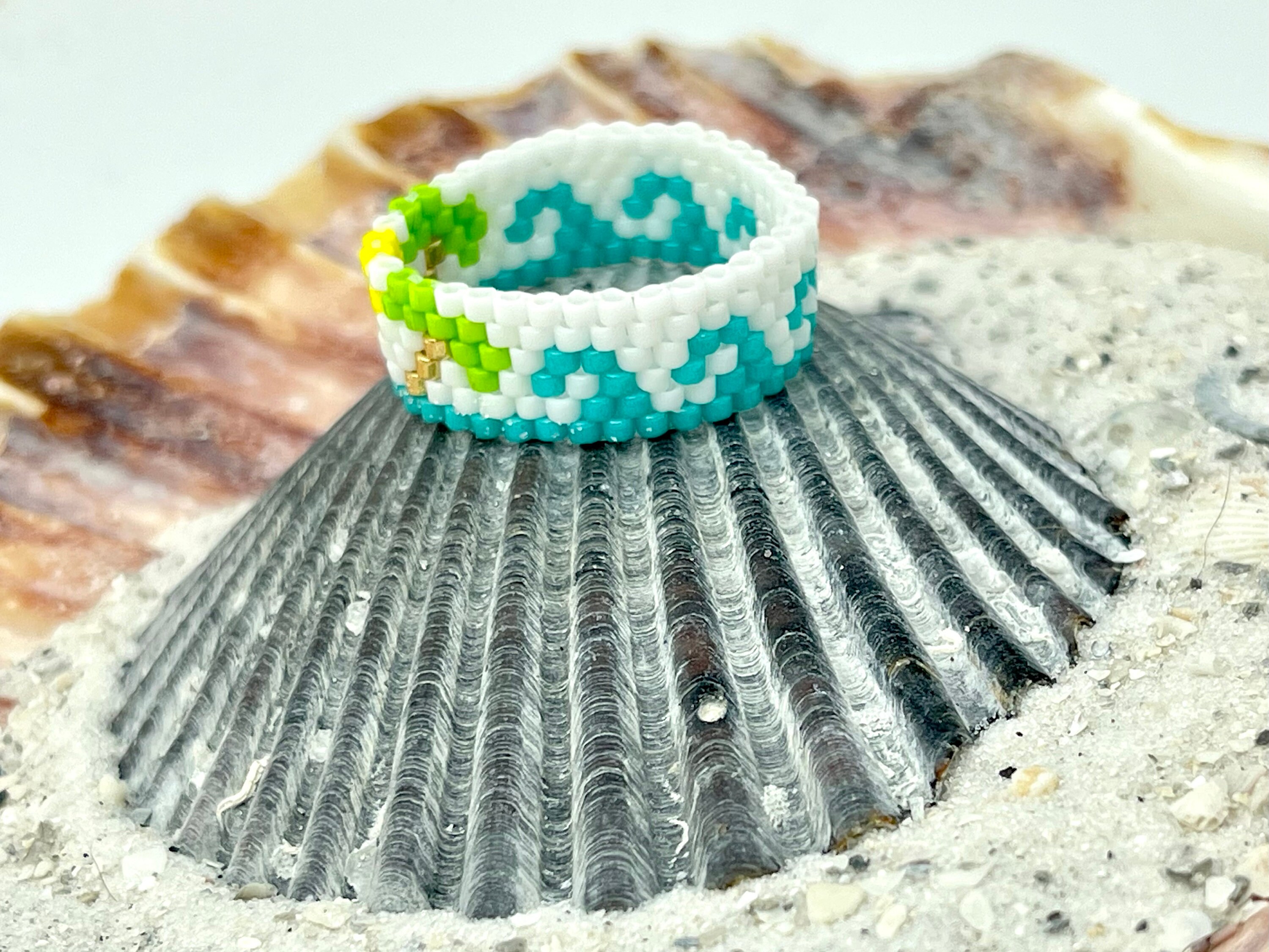 Miyuki 11/0 Delica Seed Bead Ring With Waves and Palm Trees Woven ...