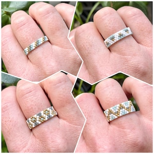 Miyuki 11/0 Delica seed bead rings woven together with the Peyote stitch. Four styles to choose from!