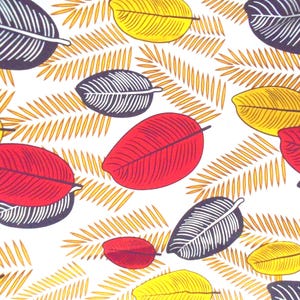 May include: A white fabric with a repeating pattern of black, red, and yellow leaves. The leaves are stylized and have a graphic design.