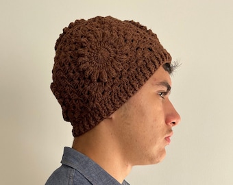 bonnet au crochet marron, bonnet en coton marron foncé, bonnet en coton respirant, bonnet confortable automne hiver, bonnet en tissu unisexe marron