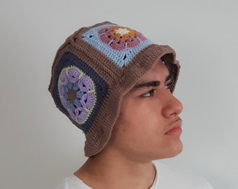 brown blue mans crochet bucket hat, unisex boho patchwork hat, cotton crochet summer hat, ethnic unique flower bucket hat