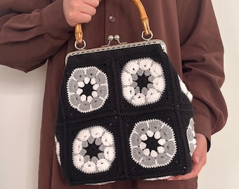 Granny Square Crochet Handbag: Black & White Floral Bag with Bamboo Handle