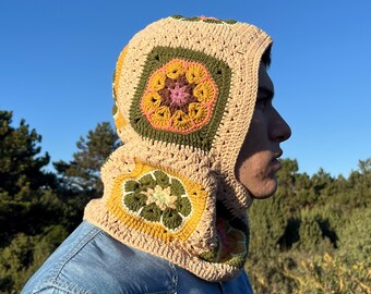 Handmade Crochet Granny Square Balaclava: Unisex Afghan Flower Hoodie