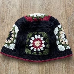 Handmade Granny Square Crochet Beanie: Unisex Patchwork Black Winter Hat