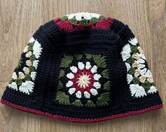 Handmade Granny Square Crochet Beanie: Unisex Patchwork Black Winter Hat