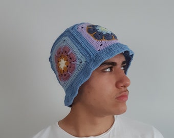 crochet bucket hat man, blue brown pink yellow flower granny square bucket hat, unisex bucket hat cotton, patchwork boho hat, gift for her