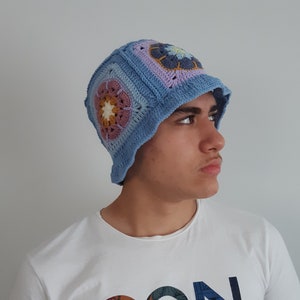 Handknit Granny Square Bucket Hat: Blue Boho Cotton Unisex Hat