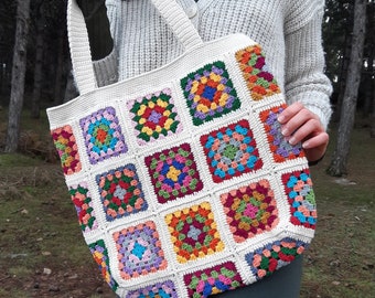 Granny Square Tote Bag, Crochet Afghan Bag, Vintage Style Bag,  Gift For Her, Colorful Knit Bag, Summer Tote Bag, Boho Bag, Gift For Mom