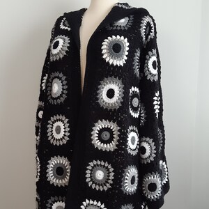 Black and White Crochet Granny Square Cardigan With Hoodie, Black White ...