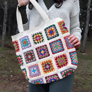 Granny Square Tote Bag, Crochet Afghan Bag, Vintage Style Bag,  Gift For Her, Colorful Knit Bag, Summer Tote Bag, Boho Bag, Gift For Mom
