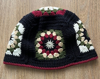 Bonnet carré grand-mère, bonnet noir au crochet, béret carré grand-mère, chapeau d'hiver au crochet, bonnet noir, chapeau carré grand-mère, bonnet unisexe