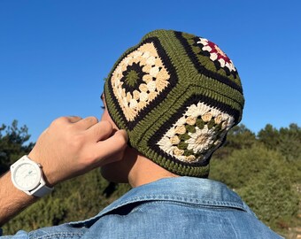 Handknit Cotton Patchwork Beanie: Military Green Crochet Fall Winter Hat