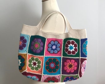 Granny Square Bag, Crochet Afghan Shoulder Bag, Vintage Style Bag,  Crochet Patchwork Bag, Boho Bag, Retro Multicolor Bag