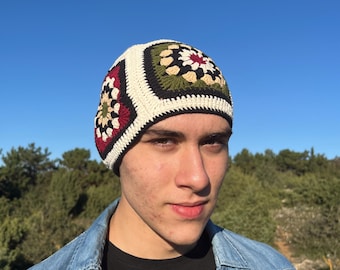 Handmade Patchwork Crochet Beanie: Cotton Granny Square Fall Winter Hat