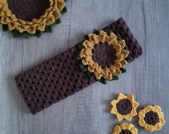crochet hair band, headband, crochet headband, sunflower gifts, knit headband, knit hairband, brown hair band