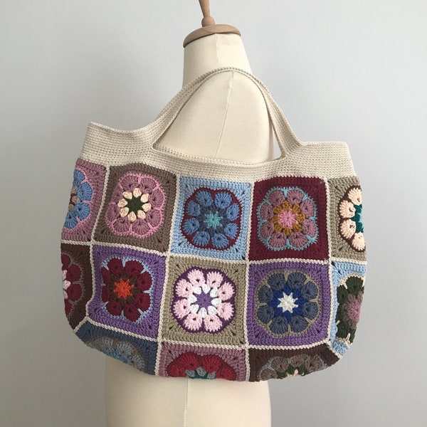 Sac carré grand-mère, sac à bandoulière afghan au crochet, sac de style vintage, sac patchwork au crochet, sac bohème, sac multicolore rétro