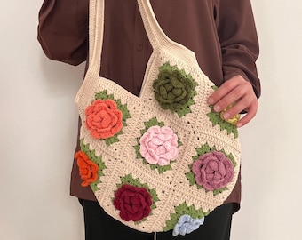Handmade Crochet Rose Bag: Granny Square Floral Tote